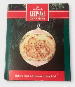 Hallmark Baby’s First 1st Christmas Girl Satin Ball Ornament 1991 New In Box - Picture 1 of 7