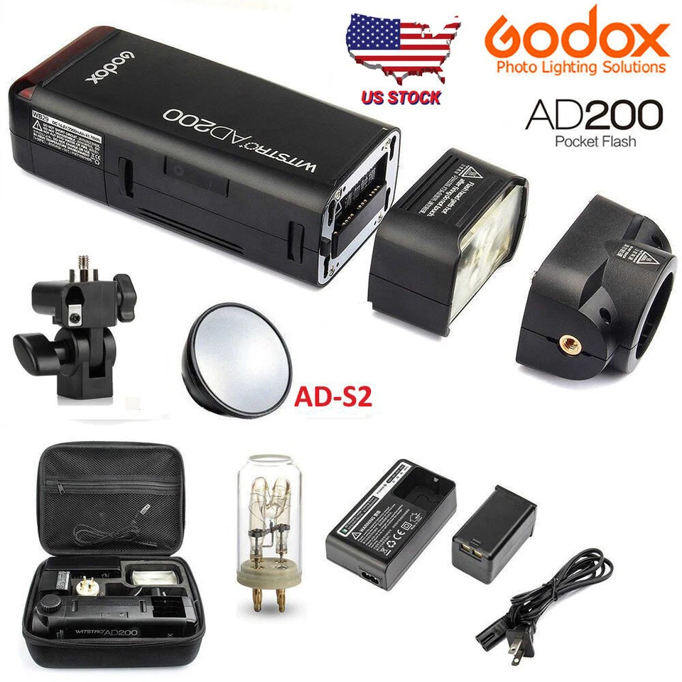 US GODOX AD200 200W 2.4G TTL 1/8000s Outdoor Pocket Speedlite Flash + AD-S2 Gift - Image 1 of 4