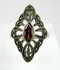 Sterling Silver Marquise Cut Garnet And Marcasite Ring 925 Size 7.25 Weighs 4G