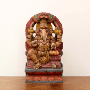 Ganesha Statue Hindu God Vinayaka Wooden Sculpture Vintage Temple Home Decor Art - Picture 1 of 5