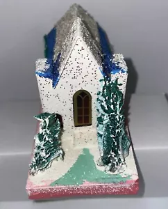 Putz Christmas Village Cardboard Church Glitter Trees JAPAN 6.5x3.25” Xmas Lg - Picture 1 of 13