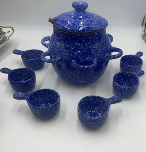 Vtg Baum Bros Style Eyes Blue Speckled Sponged Soup Tureen W / 6 Bowls & Ladle - Picture 1 of 8