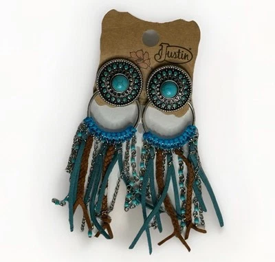 Justin Boots Western Concho Earrings Turquoise Color Silvertone New In Pkg  Post - Image 1 of 4