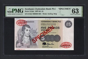 Scotland 5 Pounds 1989 P212ds ''Specimen N005'' Uncirculated Grade 63 - Picture 1 of 2