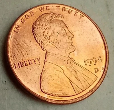 Centavo conmemorativo Lincoln 1994 D borde desigual moneda de error de campo texturizado con textura Foto 1 de 4