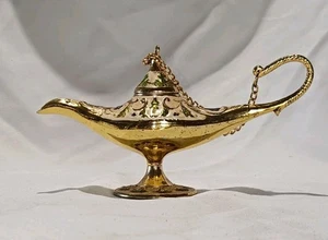 Gold Tone Metal & Enamel Aladdin Genie Lamp Incense Holder Ornament Chained Lid - Picture 1 of 11
