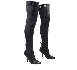 Fendi Rockoko Sz 38 Black White Leather Sheer Mesh Thigh High 4" Stiletto Boots - Picture 1 of 18