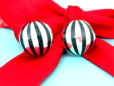 Auth Tiffany & Co Silver Green Stripe Enamel Dome Clip On Earrings - Image 1 of 4