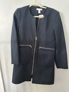H&M Navy Blue Knit Tweed Zip Long Jacket Women's 12 - Picture 1 of 8
