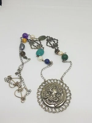 Art Deco Style Sterling Silver Gemstone Beads Handcrafted Long Necklace  - Image 1 of 4