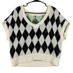 Free People Sweater Women's Small Through the Motions Cropped Argyle Plaid Vest - Picture 1 of 12