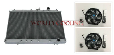 Aluminum Radiator + DUAL FAN FOR Mitsubishi Lancer EVO 1 2 3 Race I II III MT - Imagen 1 de 4