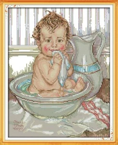 Baby Bathing Cross Stitch Kits 14 CT/11 CT Pre Printed or Counted Kits - Picture 1 of 7