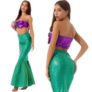 Women 2Pcs Sequin Mermaid Outfit Princess Skirt with Crop Top Halloween Costume