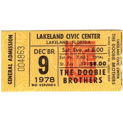 THE DOOBIE BROTHERS & AMBROSIA Concert Ticket Stub LAKELAND FLORIDA 12/9/78 Rare - Image 1 of 2