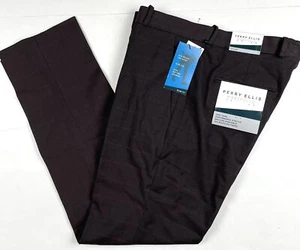Perry Ellis Portfolio Men's Brown Slim-Fit Windowpane Plaid Dress Pants 36x29 - Picture 1 of 2