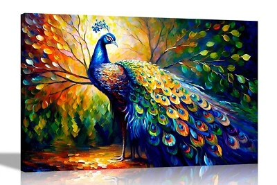 Peacock in Forest Colourful Canvas Wall Art Pictures Abstract Animal Pictures - Image 1 of 4