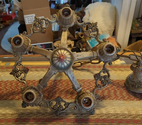 Vtg Antique 1920s Chandelier Light Fixture Polychrome Riddle Co. Cast Aluminum Cover