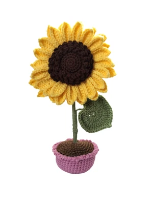 Girasol en maceta crochet hecho a mano tamaño mediano maceta púrpura independiente Foto 1 de 4