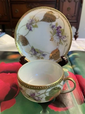 Antique Japan Hand Painted Eggshell Cup & Saucer 3 Footed Heavy Gold Rim & Leave - Image 1 of 4