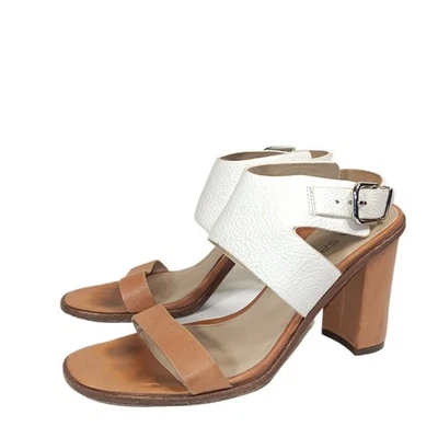 Via Spiga V-Belia Sandals Womens 8 Ivory Tan Pebble Leather Two-Tone Block Heel Foto 1 de 4