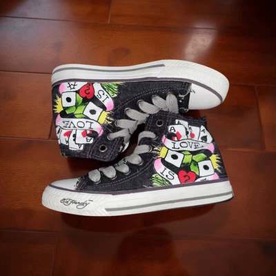 Rare Kids Black Ed Hardy Love Is” Skull Aces Canvas High Top Sneakers Size 1 - Image 1 of 4