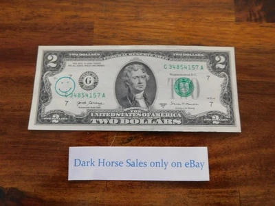 U.S. $2 Two dollar bill money cash with Smiley Face be happy don't worry! G37Az. - Image 1 of 2