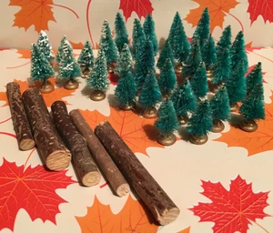 32 Mixed Sizes Evergreen Trees, some with ‘snow’ for Model Railroad, plus 5 logs - Picture 1 of 4
