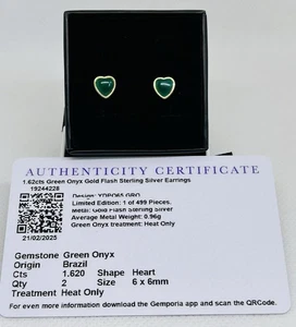 Green Onyx Gold Flash Sterling Silver Heart Stud Earring - Picture 1 of 10