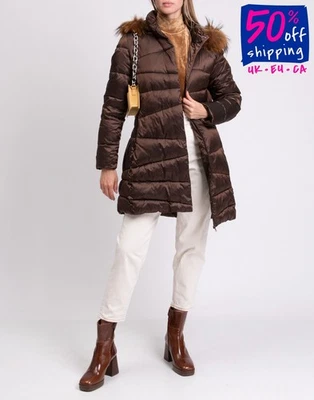 PVP €820 ALEGRI Abrigo Acolchado de Plumón Talla M Marrón Borde de Piel de Mapache Capucha Desmontable Foto 1 de 4