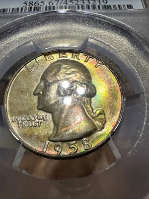 1958 D PCGS MS 67 Washington Quarter 25¢ Monster Rainbow Toner 🌈 - Image 1 of 4