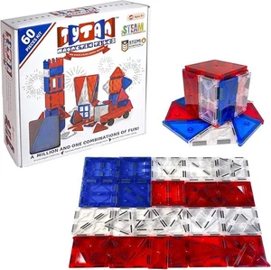 TYTAN TILES MAGNETIC TOY TILES, 60 PIECES, RED WHITE & BLUE,z STEM CERTIFIED - Picture 1 of 5