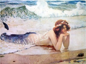 Victorian MERMAID Ocean BEACH *CANVAS* Art Print LARGE - 19" x 13" - Picture 1 of 1