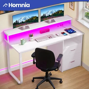 47" Corner Home Office Computer Desk File Drawers LED Lights w/ Power Outlets - Picture 1 of 12