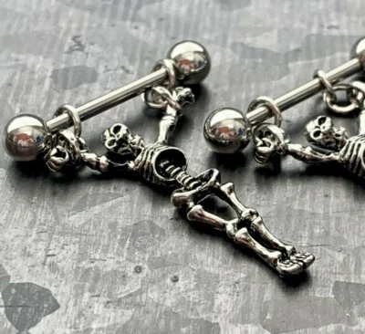PAIR Dangling Skeleton Nipple Rings Shields Surgical Steel Barbells Gothic - Image 1 of 4