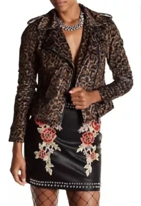 NWT BEBE Sz S LEOPARD PRINT MOTO MOTORCYCLE CROPPED ZIP UP JACKET BROWN BLACK - Picture 1 of 8