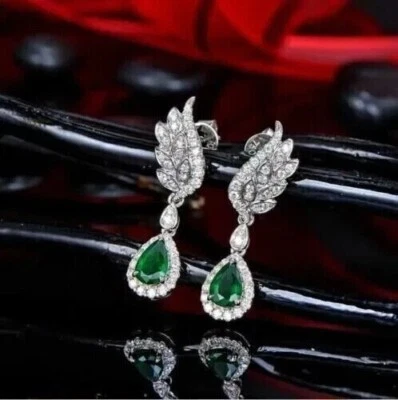 4ct Lab Created Green Emerald Women's Drop Dangle Earrings 14K White Gold Plated - Image 1 of 4