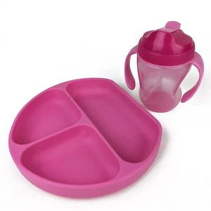 Sippy Cup Portion Plate Kids Dish Set Silicone Suction Plate Toddler Drink Pink - Picture 1 of 11