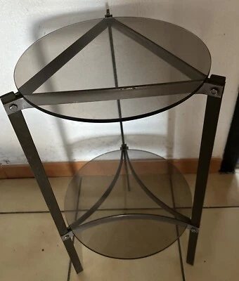 1970 Sellette Tripode Acier Et Verre Fumé 2 Plateaux Ronds, Design Rare Art Indu - Photo 1/4