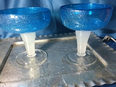 2pc blue  ARTLAND?  frosted foot hand blown dessert margarita Glasses - Image 1 of 4