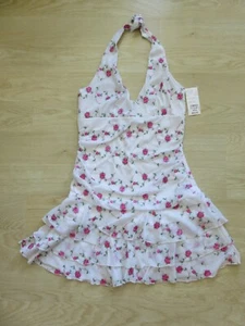 Cute Pretty Halter Neck Dress White Mesh Pink Rose Embroidery Tiered Skirt Med - Picture 1 of 1