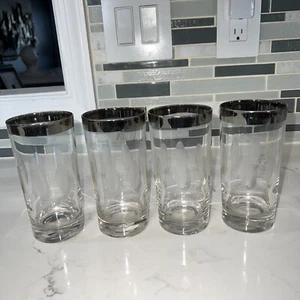 4 Beautiful Vintage MCM Dorothy Thorpe Style Highball Etched Glasses Silver Rim - Picture 1 of 7