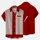 Men's Vintage Bowling Shirt with Retro Button Down Classic Blouse Short Sleeves
