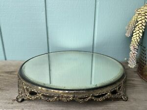 Vintage Ornate Beveled Round Plateau Metal Vanity Tray Table Footed Mirror