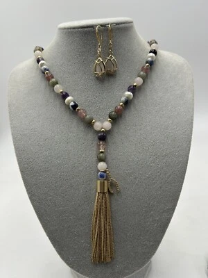 Ocean Jasper & Gold Tone Necklace Set Wishbone Tassel Signed WHGM - Image 1 of 4