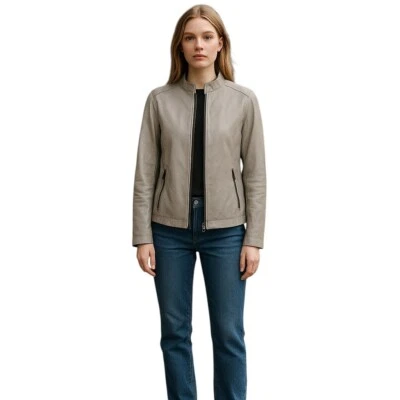 Chaqueta Emporio Armani S Mujer Gris Cuero Universitario Cremallera Completa Sólida Informal Corta Foto 1 de 4
