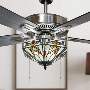 Stained Glass Ceiling Fan with Lights Pull Chain LED Chandelier 52" Satin Nickel - Picture 1 of 7