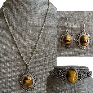 Canyon Sky Tiger’s Eye Tono Plata Cadena Esterlina Conjunto Joyería Pendientes Pulsera - Imagen 1 de 17