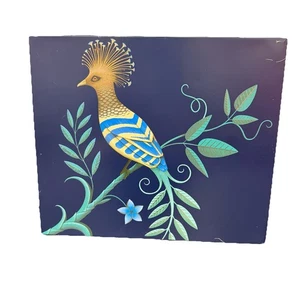 Vintage Marks And Spencer Tin - Tropical Bird Flat Biscuit Tin Blue & Gold 9x11 - Picture 1 of 17