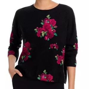 C by Bloomingdale's Cashmere Floral Bouquet Crewneck Sweater Size XL Black Red - Picture 1 of 2